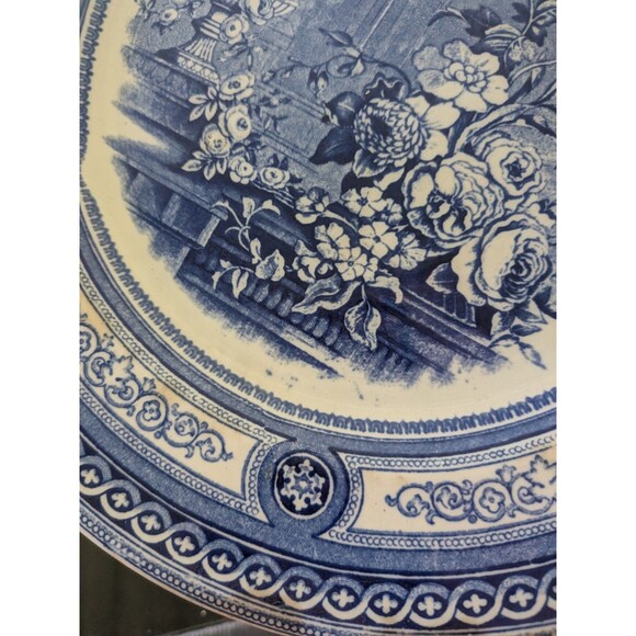 Antique Transferware Blue Plate 10" Peony Pinder Bourne & Co Burslem 1860s Urn - Picture 8 of 13